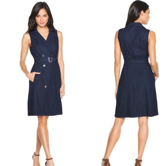 White House Black Market Denim Double Breasted Trench Mini Dress women’s CS - Picture 2 of 8